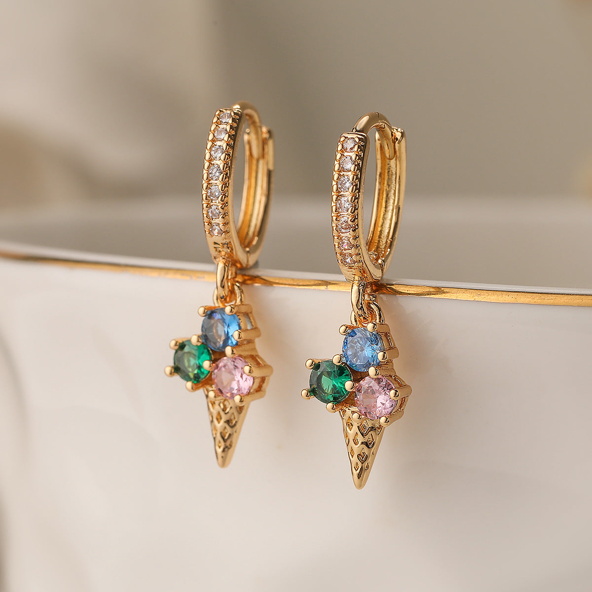 Minimalist Geometric Ice Cream Shaped Copper Earrings with Real Gold Plating and Zircon Accents for Women
