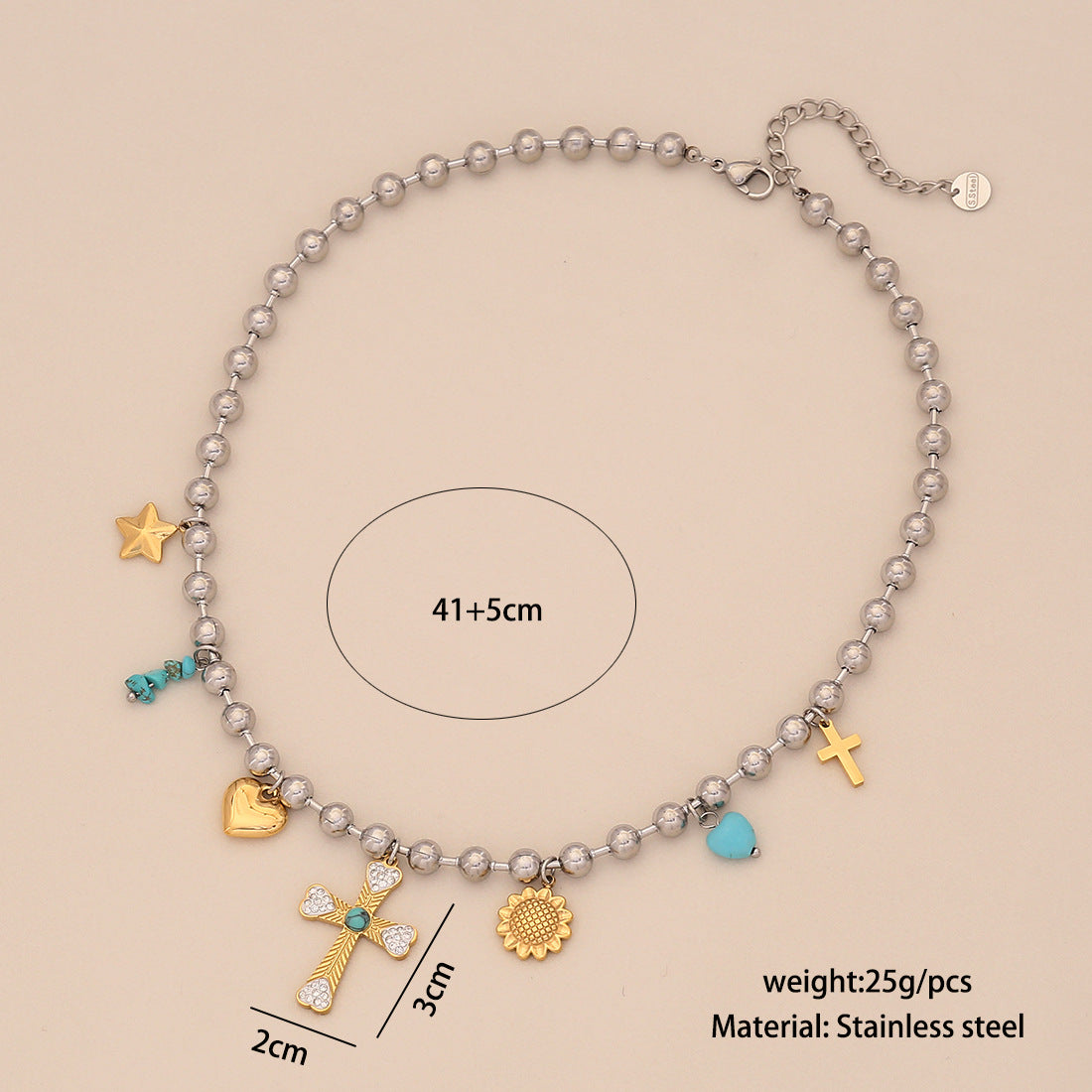 Dopamine-Inspired Heart and Cross Pendant Necklace in Gold-Plated Stainless Steel for Women