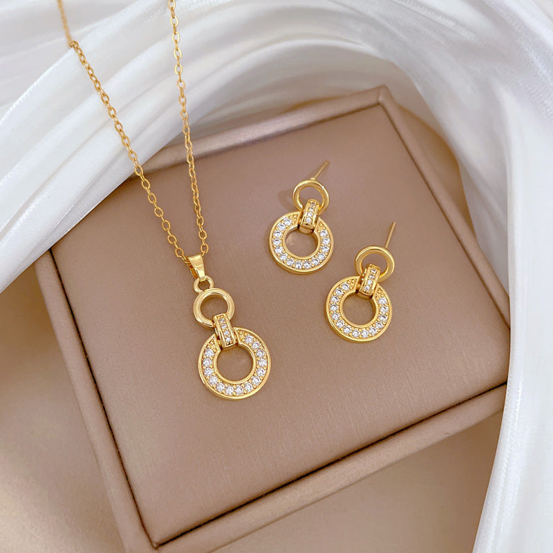 Luxury Titanium Steel Geometric Rhinestone Necklace and Earrings Set