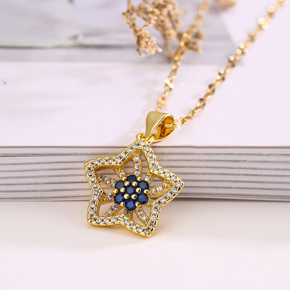 Elegant Floral Pendant Necklace for Women Made of Brass with Real Gold Plating and Zircon Accents