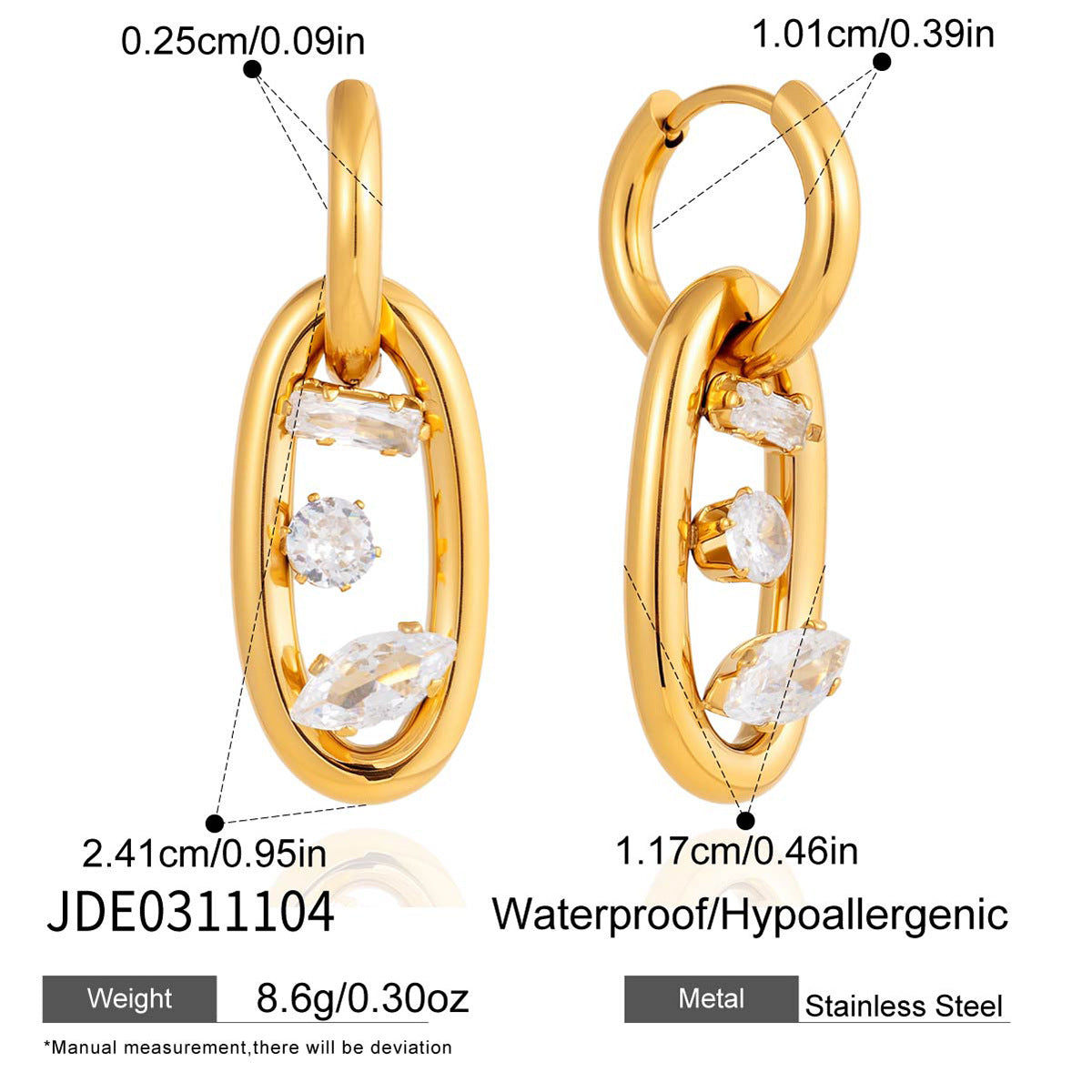 Orecchini geometrici in acciaio inossidabile placcati oro 18K con zirconi per donna, Lusso e moda per tutti i giorni