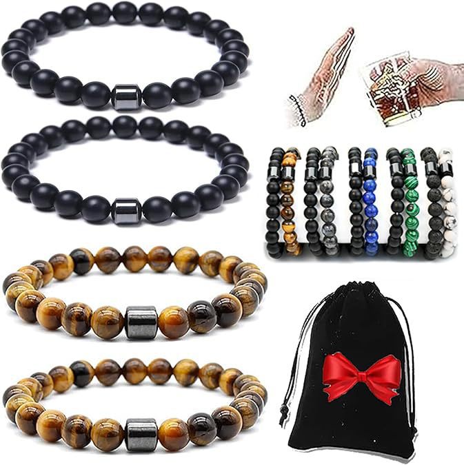 Unisex Magnetic White Pine Black Matte Tiger Eye Agate Beaded Bracelet Geometric Round Gemstone Jewelry