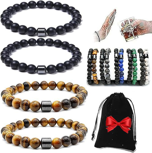 Unisex Magnetic White Pine Black Matte Tiger Eye Agate Beaded Bracelet Geometric Round Gemstone Jewelry