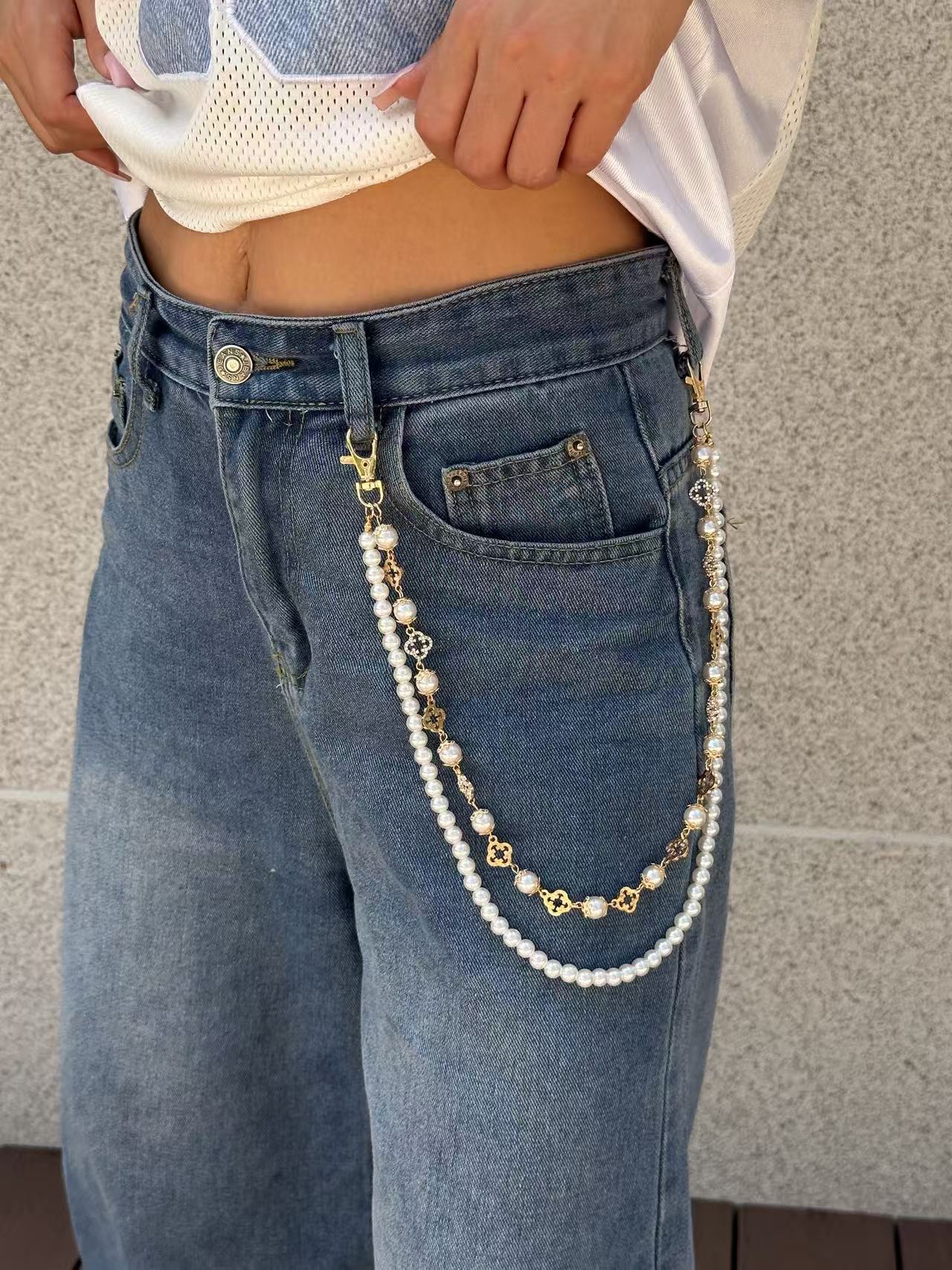 Catenina da vita in metallo stile hip-hop con perle e design floreale unisex