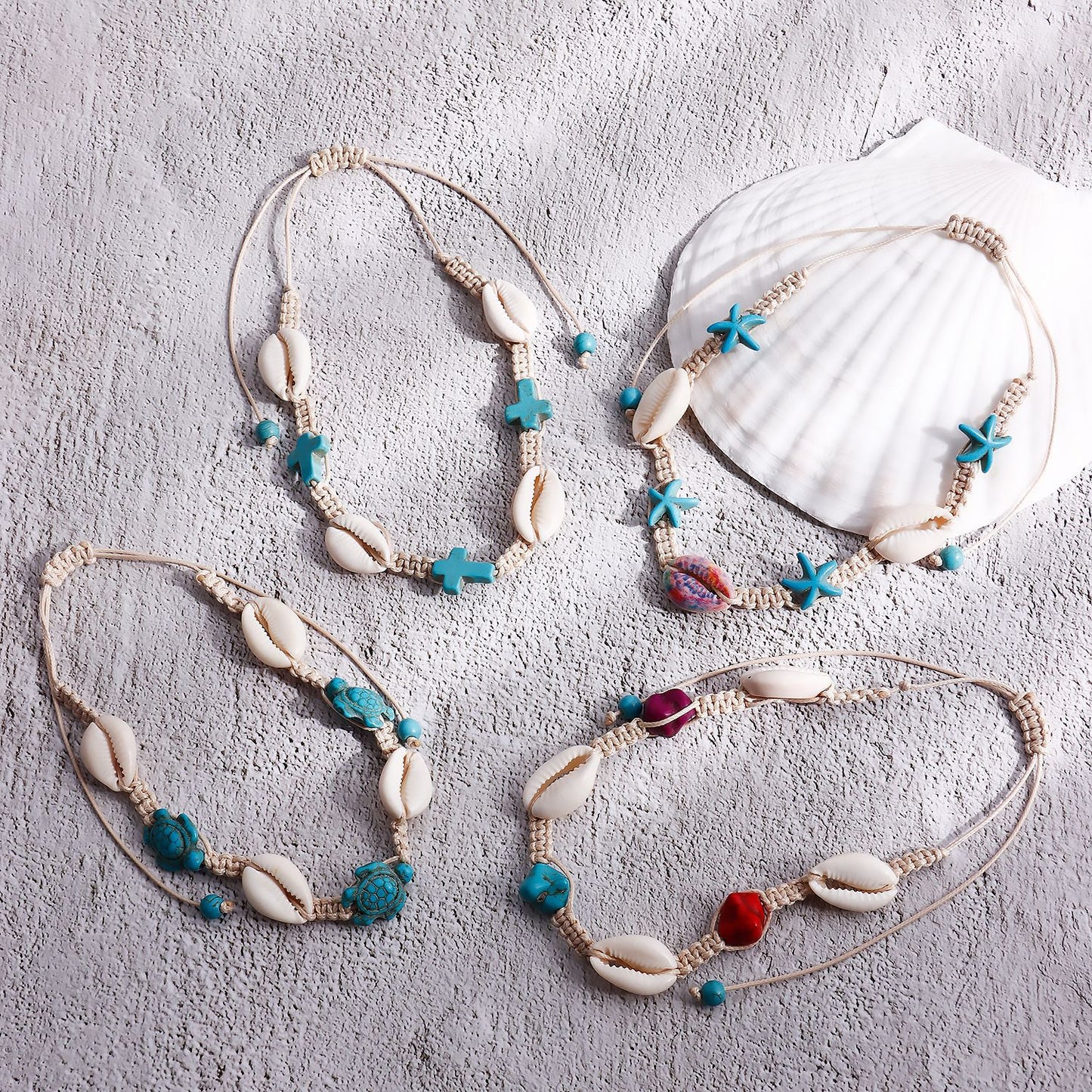Vintage Beach-Themed Woven Shell Anklet for Women Alloy Geometric Design Vacation Jewelry