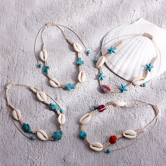 Tobillera de conchas tejidas con diseño geométrico de aleación, estilo vintage playero, para mujer, joyería para vacaciones