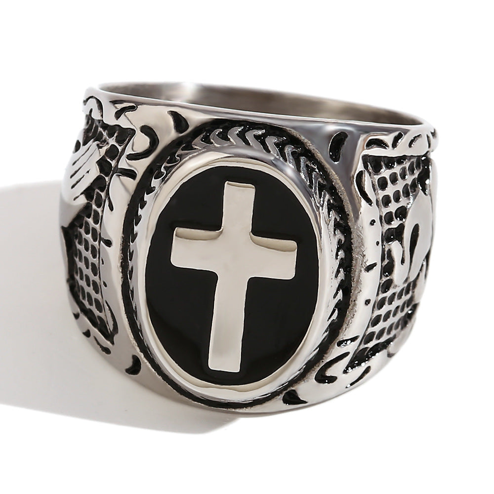 Anello da Uomo in Acciaio Inossidabile Stile Hip Hop Geometria Placcato Oro 18K Nero Vintage a Croce