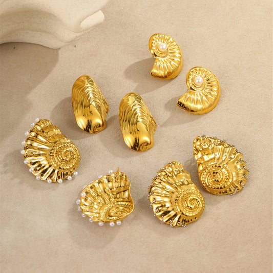 Vintage Beach-Inspired Seashell-Shaped Stainless Steel Earrings with Plating Finish for Women