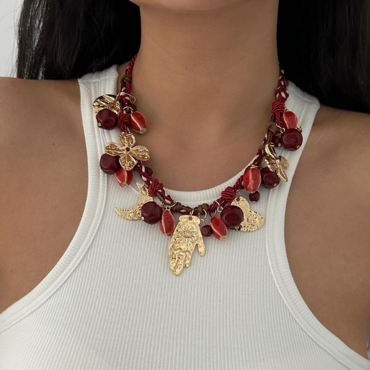 Vintage Geometric Hand Heart Moon Alloy Plated Necklace with Red Beads Rope Chain Unisex