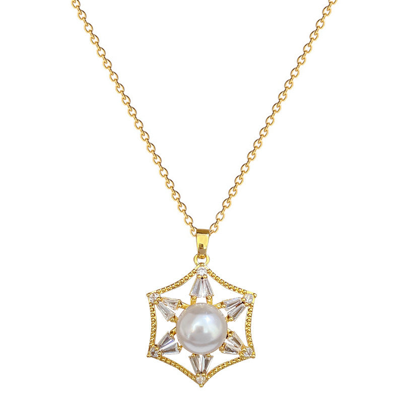 Luxury Titanium Steel Hexagonal Pearl Necklace and Earrings Set with Rhinestone Inlay for Women Formal Events