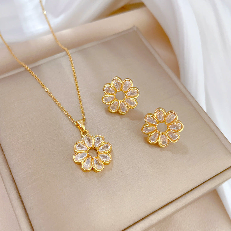 Conjunto de collar y pendientes de lujo de acero de titanio con colgante geométrico redondo de flor y incrustaciones de pedrería para mujer para eventos formales