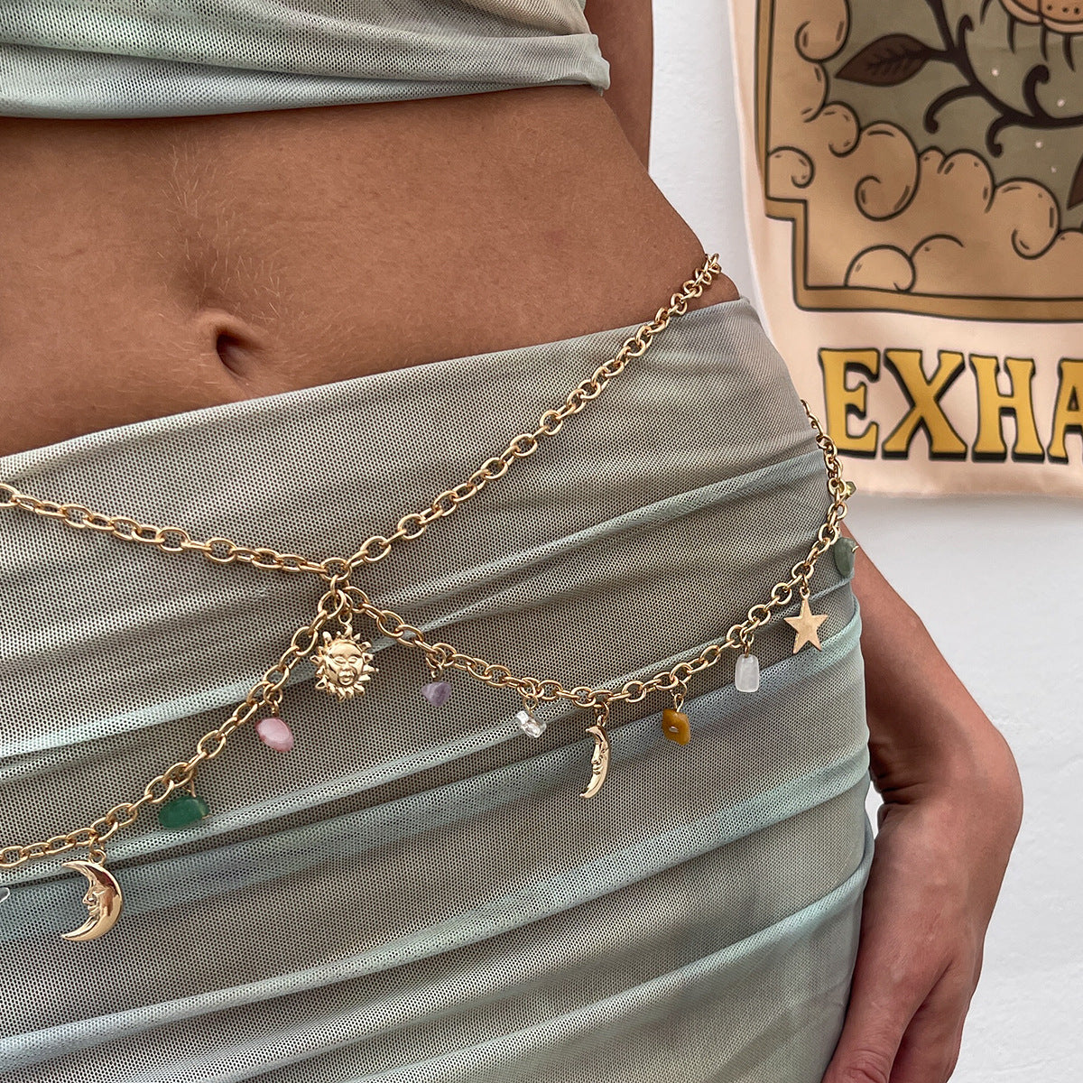 Catena da corpo con ciondolo a stella e luna in stile Hip Hop per donna con dettagli a nappe, catena in vita a doppio strato minimalista, dolce e audace in ferro e lega