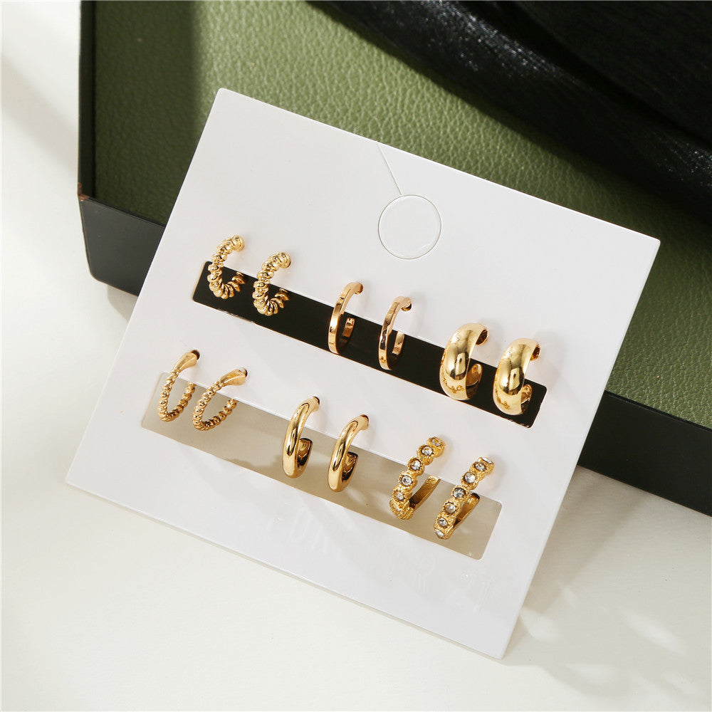Minimalist Sweet Geometric Round Rhinestone Inlay Alloy C-Shape Earrings for Women