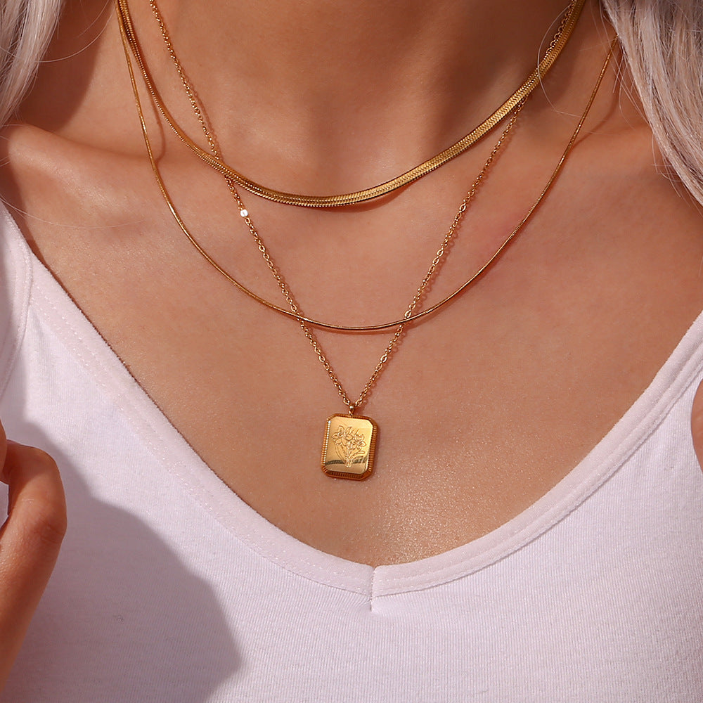 Fashionable Floral Embossed Square Pendant Necklace for Women in Stainless Steel with Plated Finish