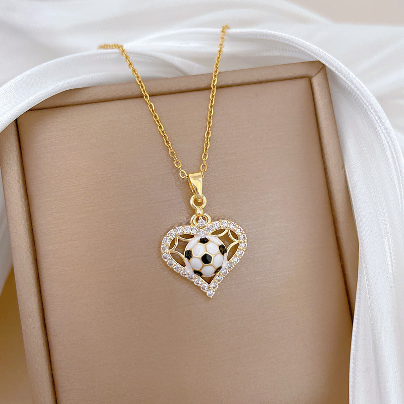 Sweet Sporty Heart Geometric Rhinestone Plated Titanium Steel Necklace with Cable Chain for Unisex
