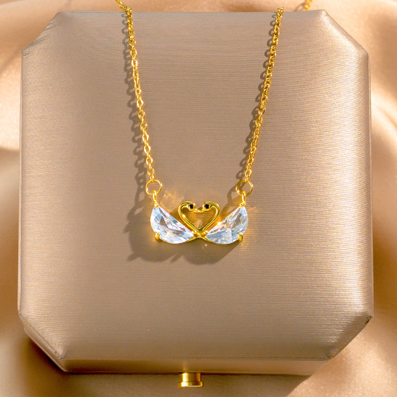 Original Design Swan-Shaped Titanium Steel Necklace for Women with Zircon Crystal Pendant, Electroplated Finish, Delicate Clavicle Chain