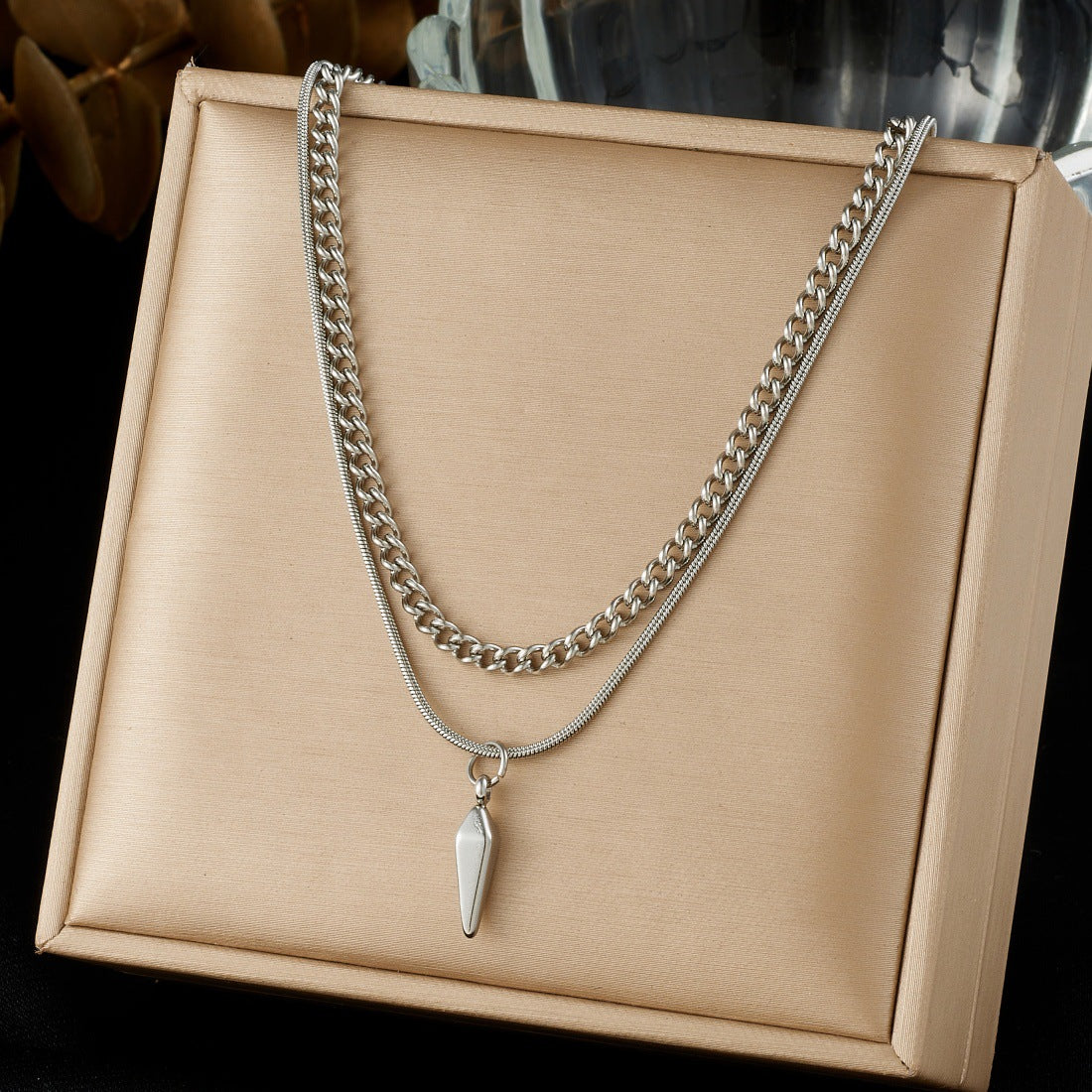 Punk Hip-hop Gold Plated Stainless Steel Rivet Pendant Double Layer Snake Chain Necklace
