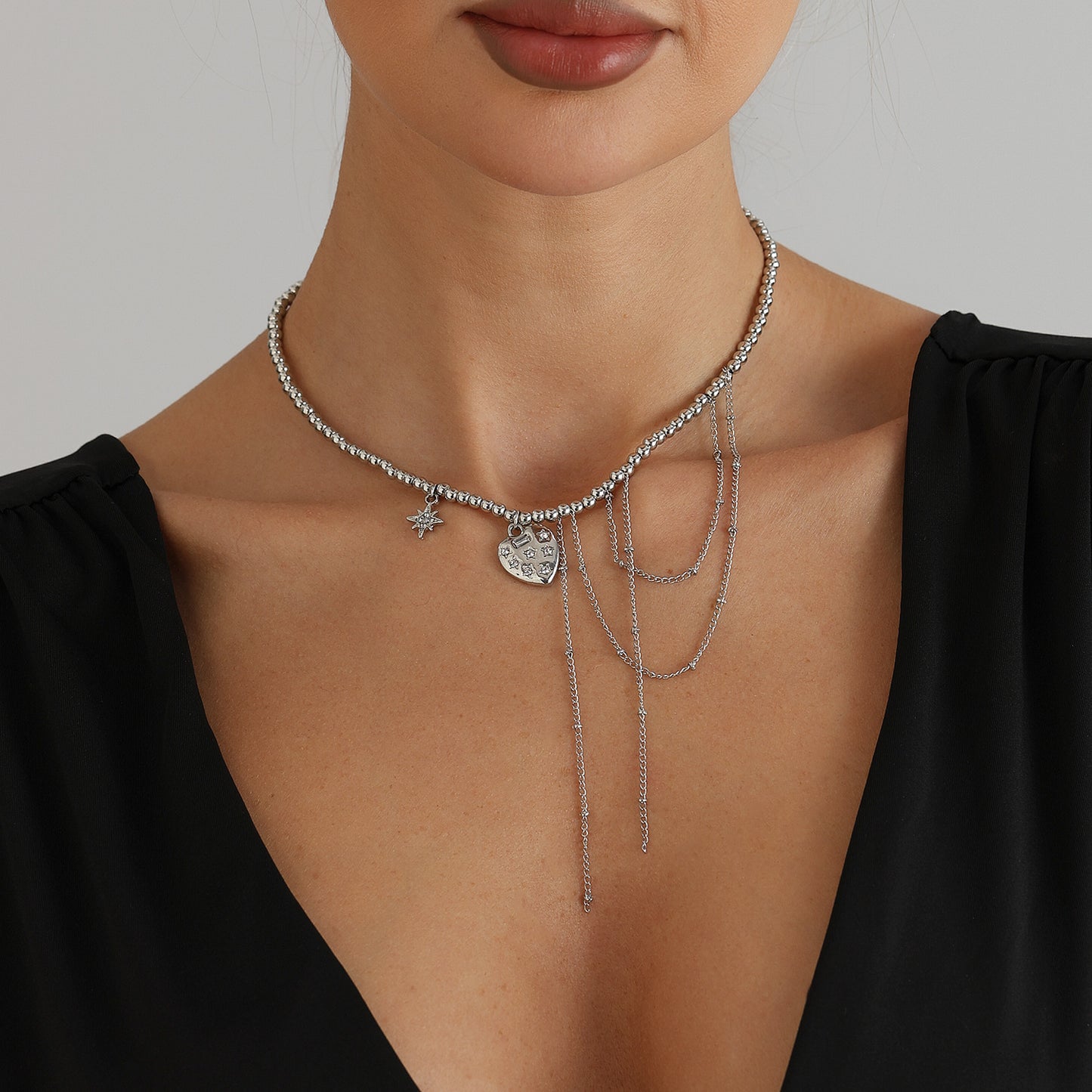 Sweet Streetwear Y2K Heart Geometric Star Alloy Plated Pendant Necklace with Tassel and Beads for Women