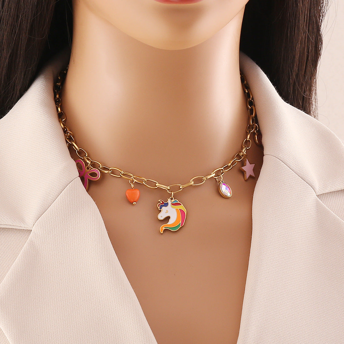 Collana Pendente a Cuore Arcobaleno alla Moda in Acciaio Inossidabile con Finitura Smaltata da Donna