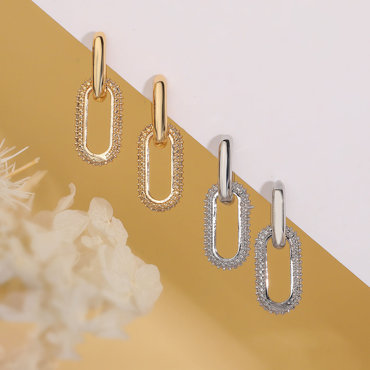 Minimalist Geometric Copper Earrings with Real Gold Plating and Zircon Inlay for Women