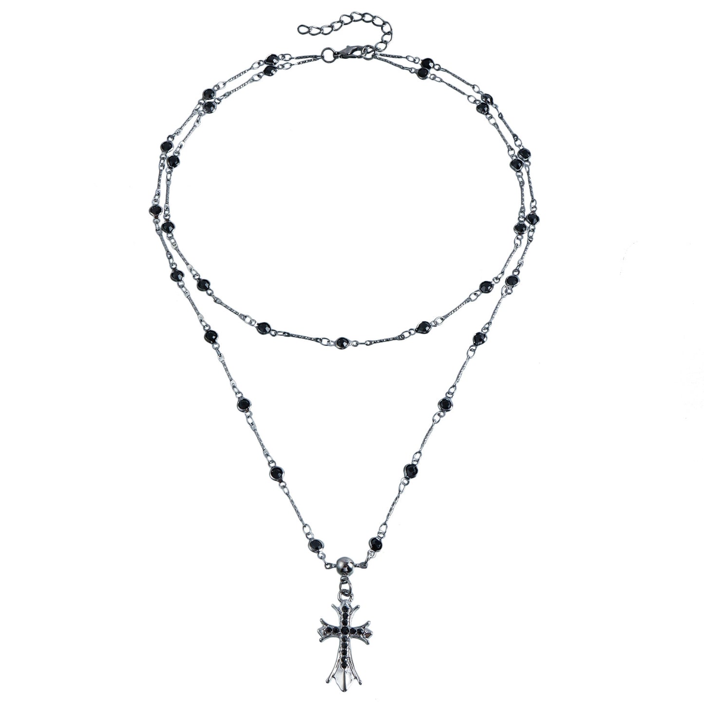 Collar Colgante Cruz Gótica Oscura para Mujer Aleación Forma Geométrica con Incrustaciones de Pedrería Acabado Chapado Cadena Larga de Clavícula en Capas