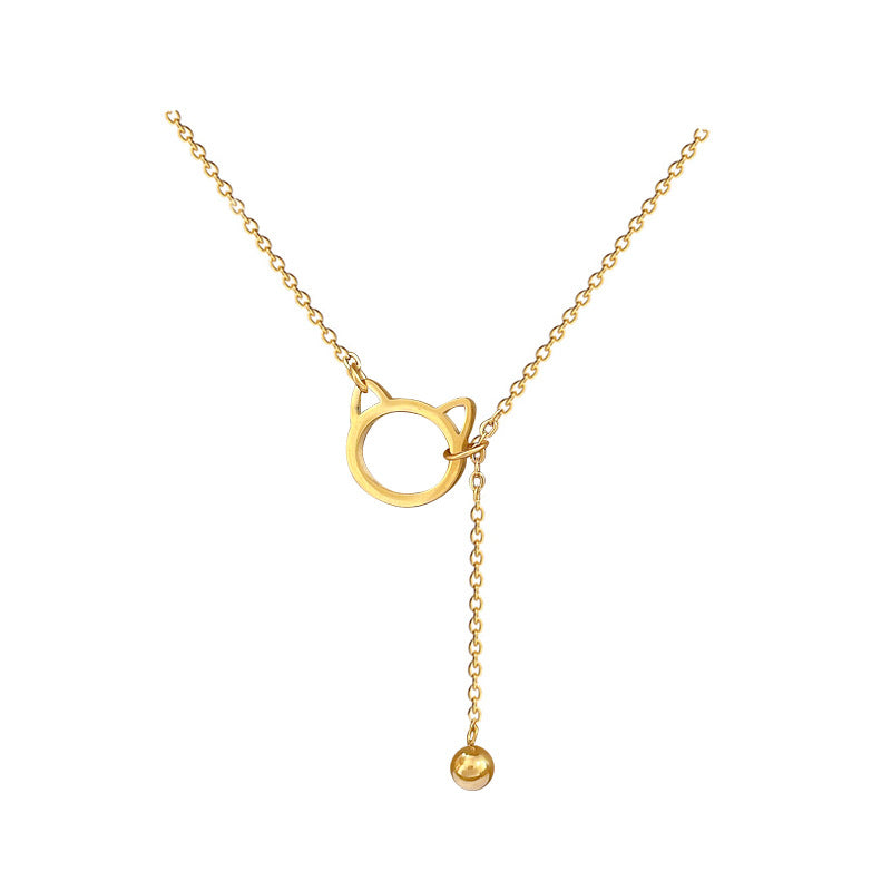 Minimalist Cat Pendant Titanium Steel Necklace with Tassel Detail for Women and Men, Geometric Shape, Gold-Plated Finish, Clavicle Chain