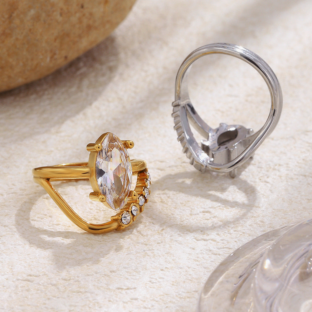 Luxury Minimalist 18K Gold Plated Stainless Steel Marquise Geometric Ring with Cubic Zirconia for Women