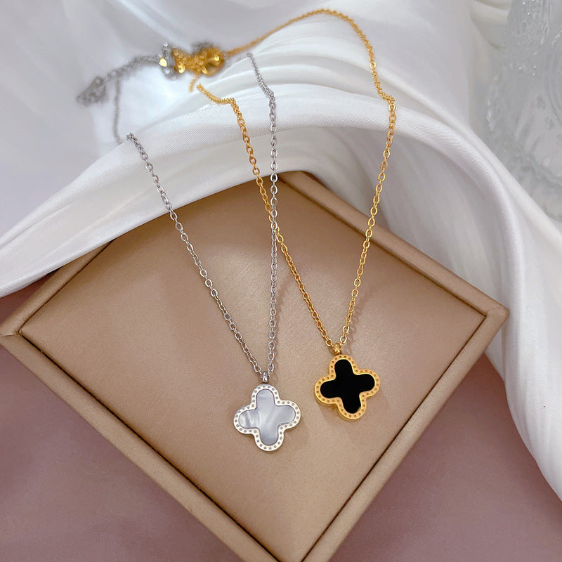 Floral Geometric Titanium Steel Collar Chain Necklace for Women with Mother-of-Pearl and Gold Plating