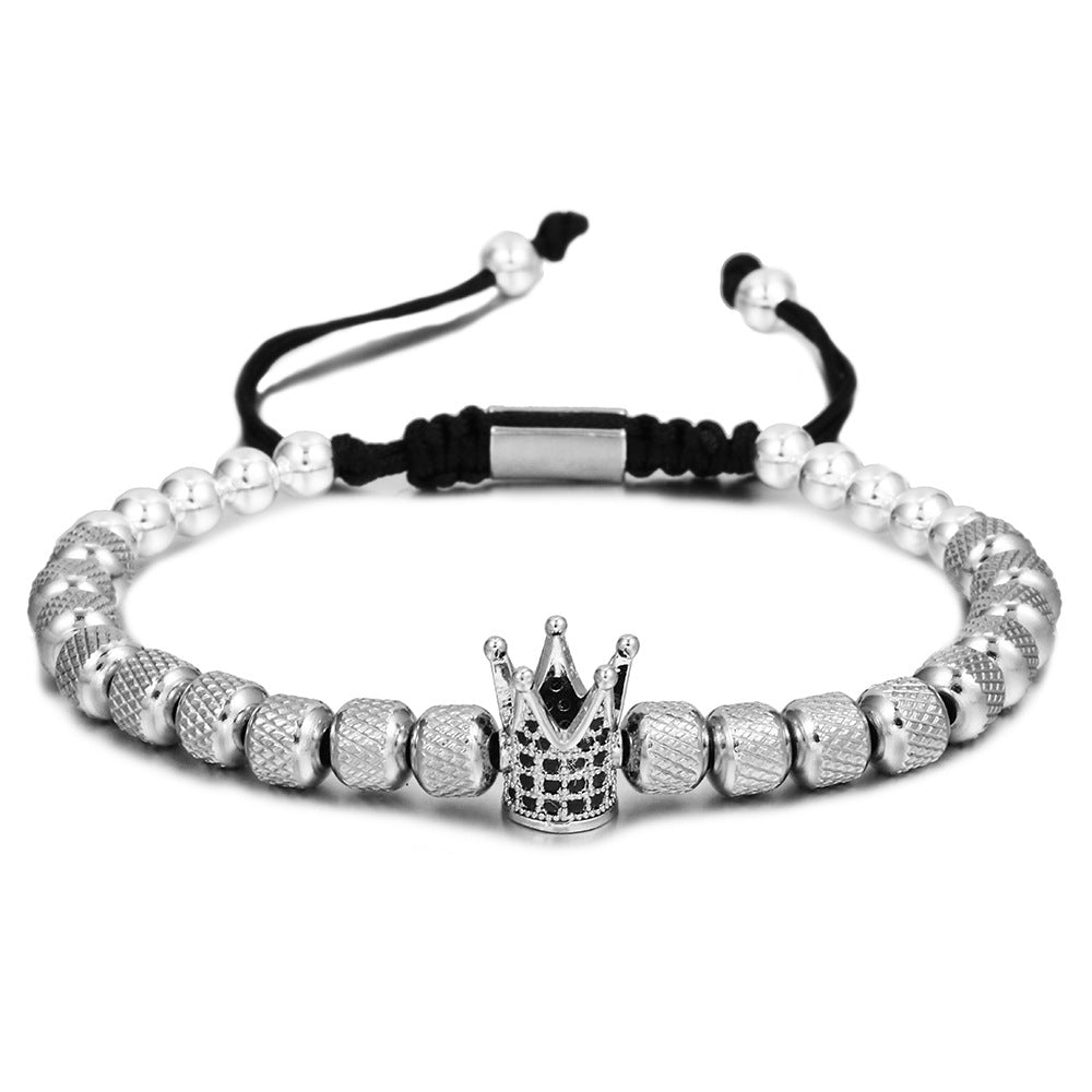 Vintage Geometric Titanium Steel Bracelet with Cubic Zirconia Pineapple Beads and Crown Charms for Unisex