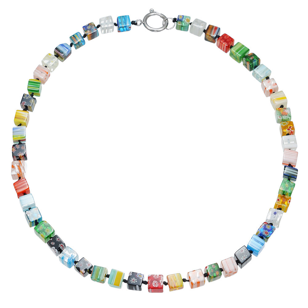 Unique Geometric Round Murano Glass Bead Stainless Steel Plated Alloy Pendant Multi-layer Cable Chain Necklace for Women