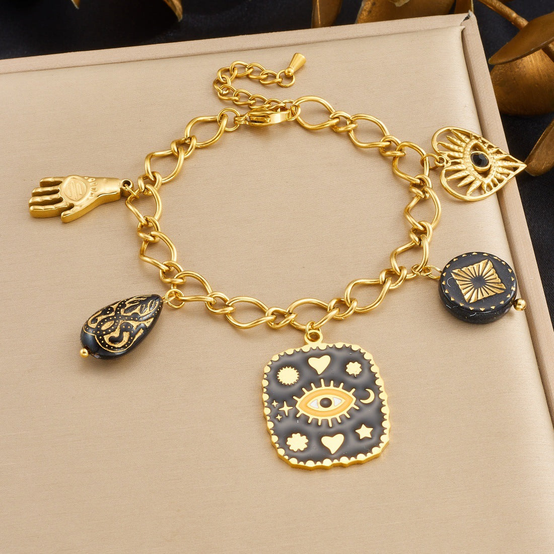 Vintage Gold Plated Heart Geometric Evil Eye Carved Hollow Pendant Bracelet for Women