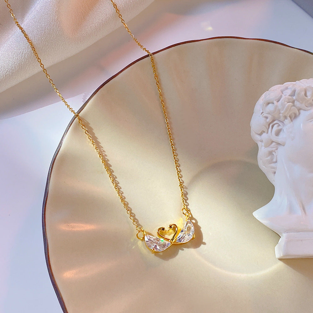 Original Design Swan-Shaped Titanium Steel Necklace for Women with Zircon Crystal Pendant, Electroplated Finish, Delicate Clavicle Chain