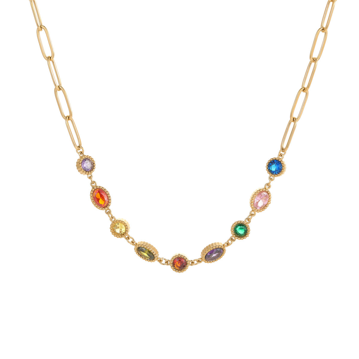 Vintage French-Style Geometric Stainless Steel Necklace with Colorful Zirconia Inlay for Women