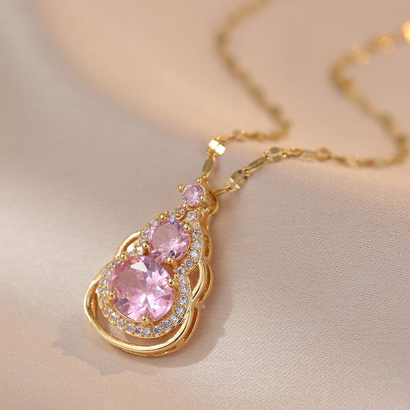 Minimalist Pink Crystal Gourd Pendant Necklace in Titanium Steel with Gold Plating on O-Chain for Women and Unisex Wear