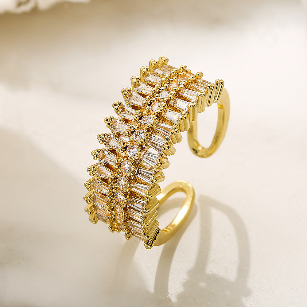 Anello Aperto Geometrico da Donna in Ottone con Placcatura in Oro Vero e Zirconi Micro-Incastonati, Gioielli di Lusso Minimalisti alla Moda