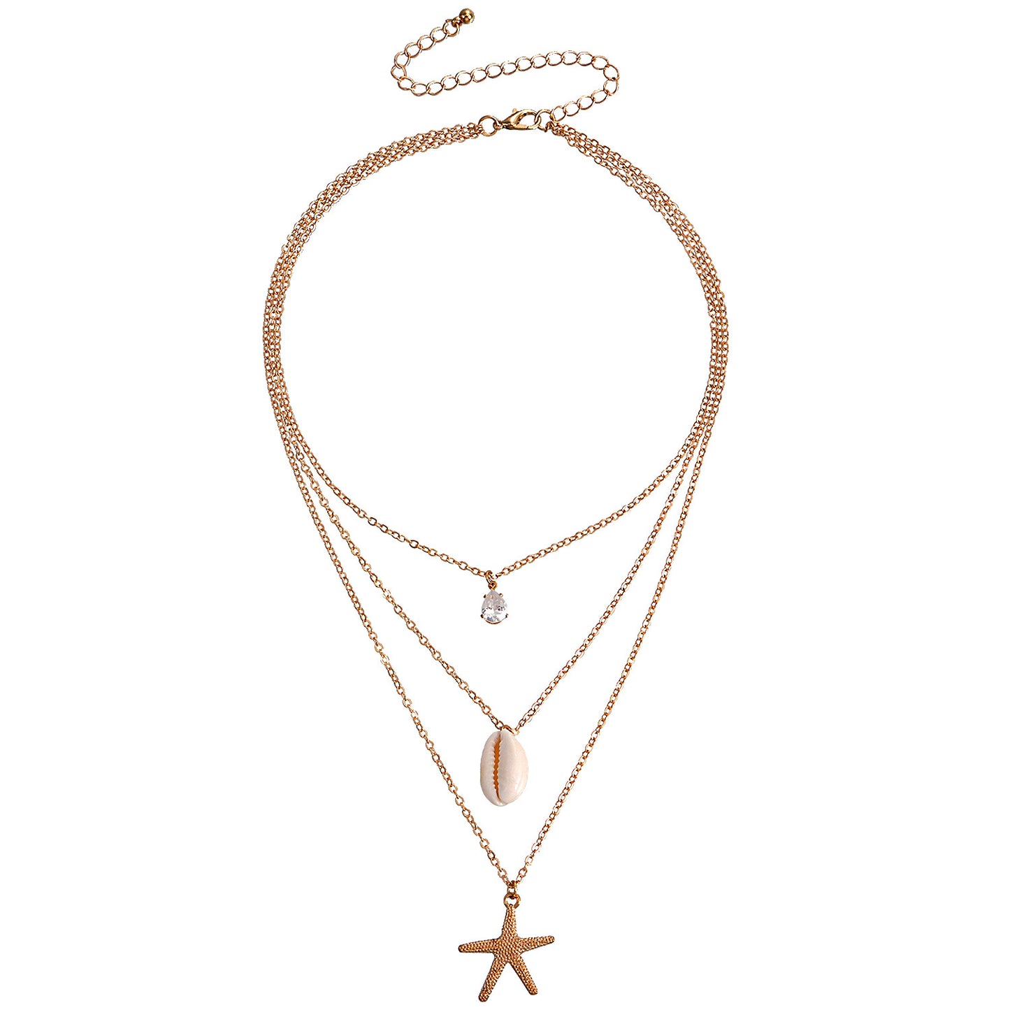 Collana girocollo con ciondolo a stella marina e conchiglia minimalista da donna con base in lega e intarsio in strass, catena multistrato regolabile
