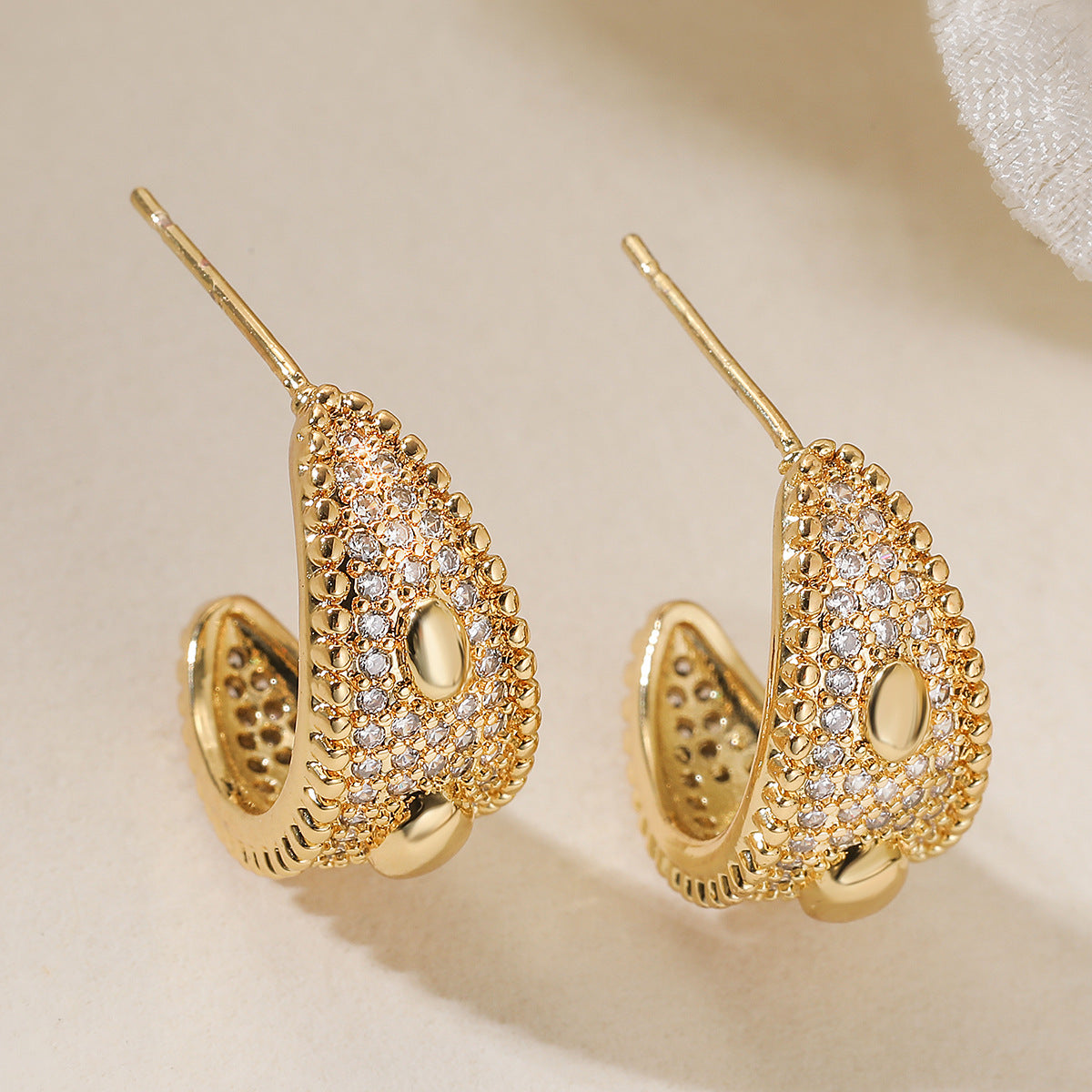 Minimalist 18K Gold Plated Brass Geometric Cubic Zirconia C-Shaped Earrings for Women