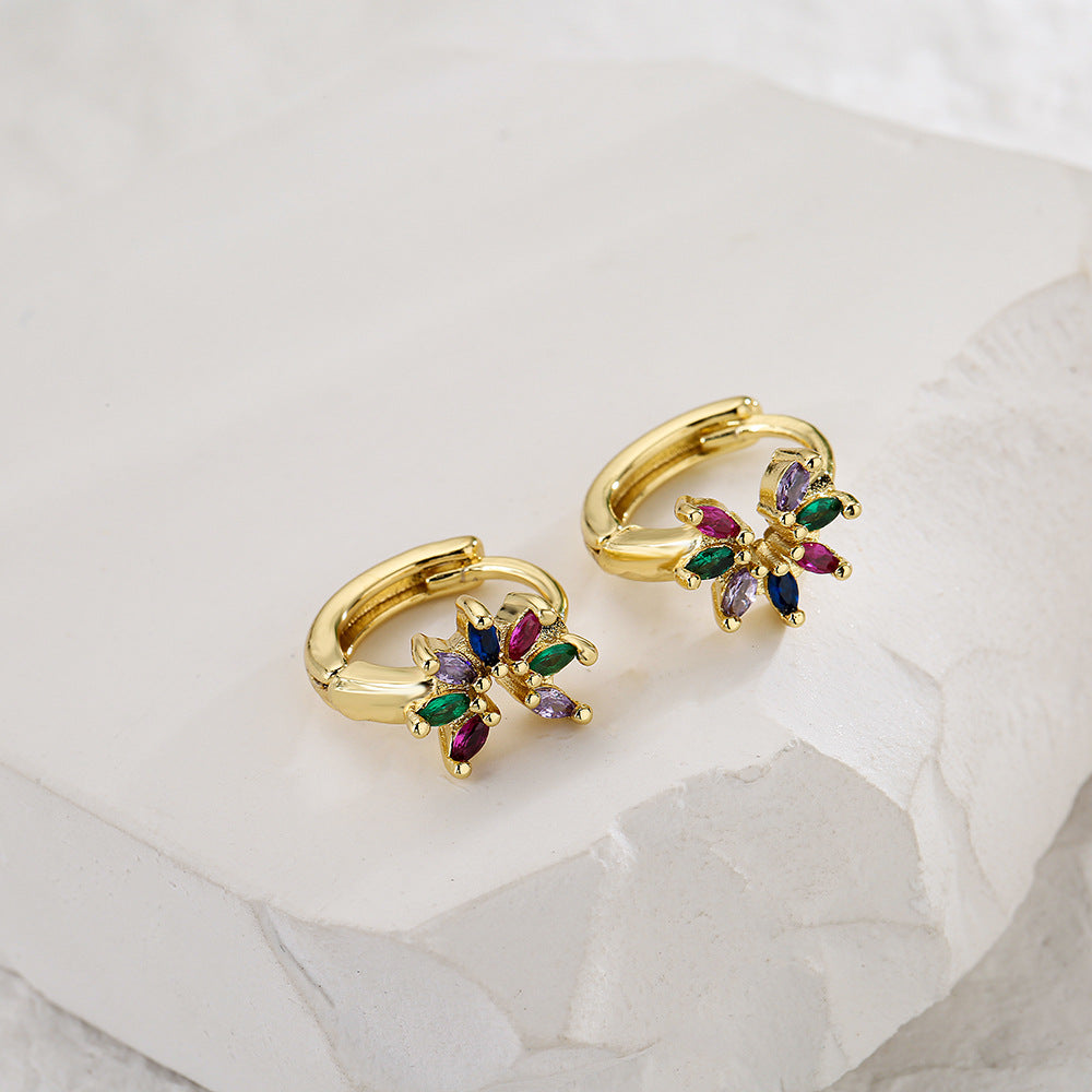 Minimalist Irregular Geometric Earrings for Women in Copper with Real Gold Plating and Colorful Zircon Inlays