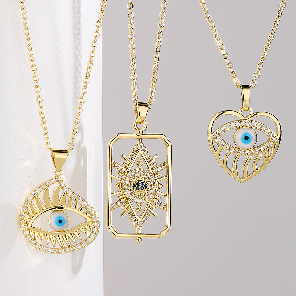 Minimalist Geometric Hollow Demon Eye Pendant Necklace for Women in Copper with 18K Gold Plating