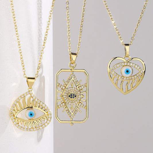 Collar de mujer con colgante de ojo de demonio hueco geométrico minimalista de cobre con baño de oro de 18 quilates