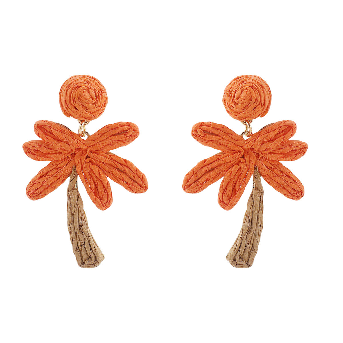 Summer Vacation Style Woven Raffia Coconut Tree Earrings for Women with Alloy Base and Handmade Craftsmanship