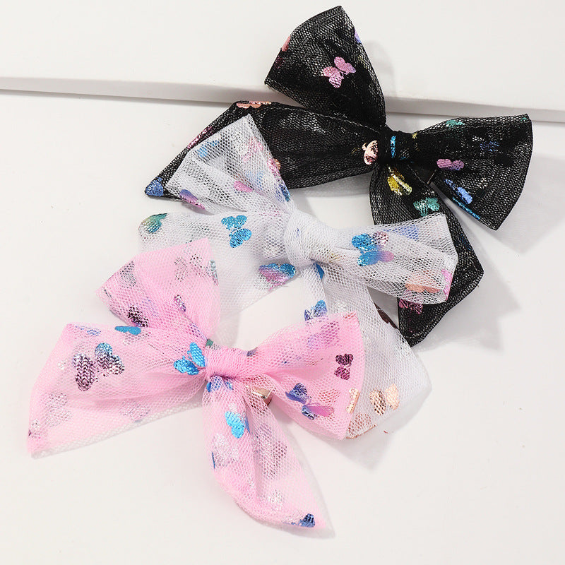 Cartoon Bowknot Hair Clip Set for Kids with Sequins and Tulle Butterfly Design Duckbill Clips