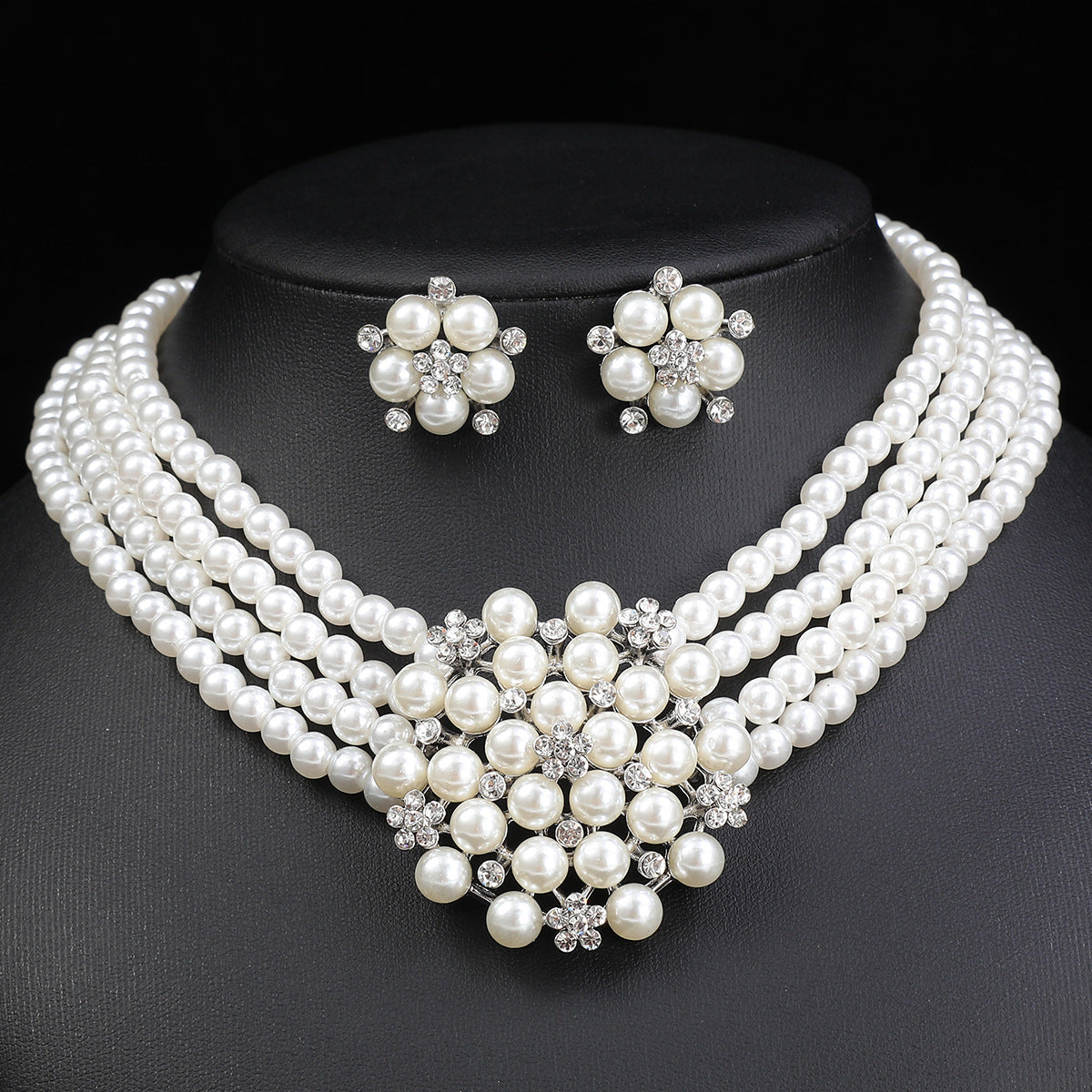 Elegant Floral Pearl Necklace and Earrings Set for Women Lightweight Luxury Style Multi-Strand Pearl Choker with Alloy Pendant and Beaded Construction