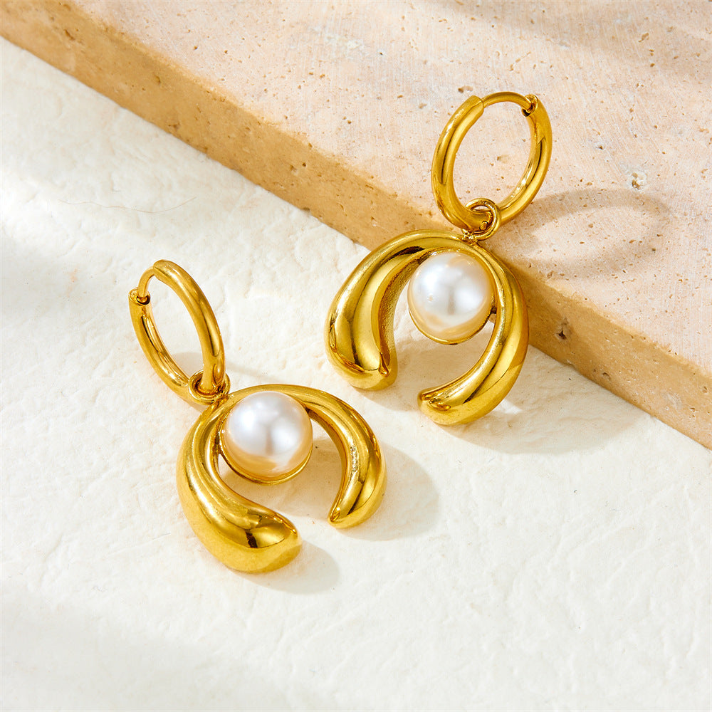 Elegant Business Gold Plated Horseshoe Stainless Steel Pearl Drop Earrings for Women