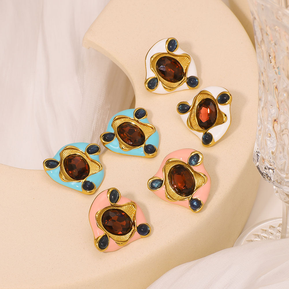 Orecchini da donna in acciaio inossidabile placcato oro 18 carati con zirconi colorati, design geometrico irregolare in stile vintage