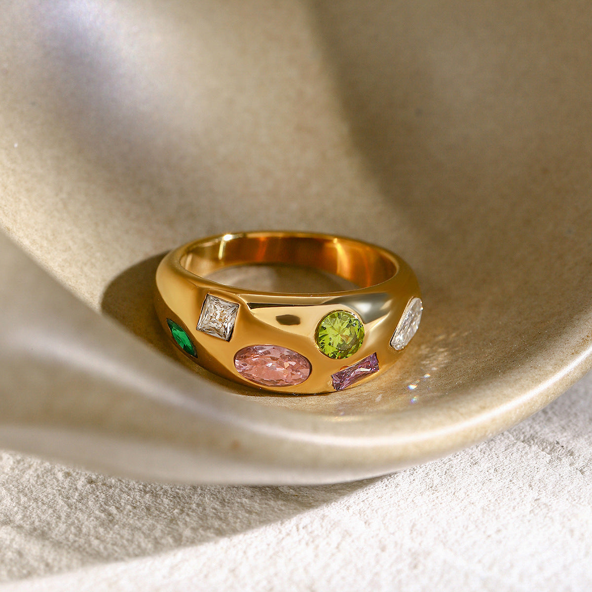 18K Gold Plated Geometric Round Stainless Steel Ring with Colorful Cubic Zirconia for Women