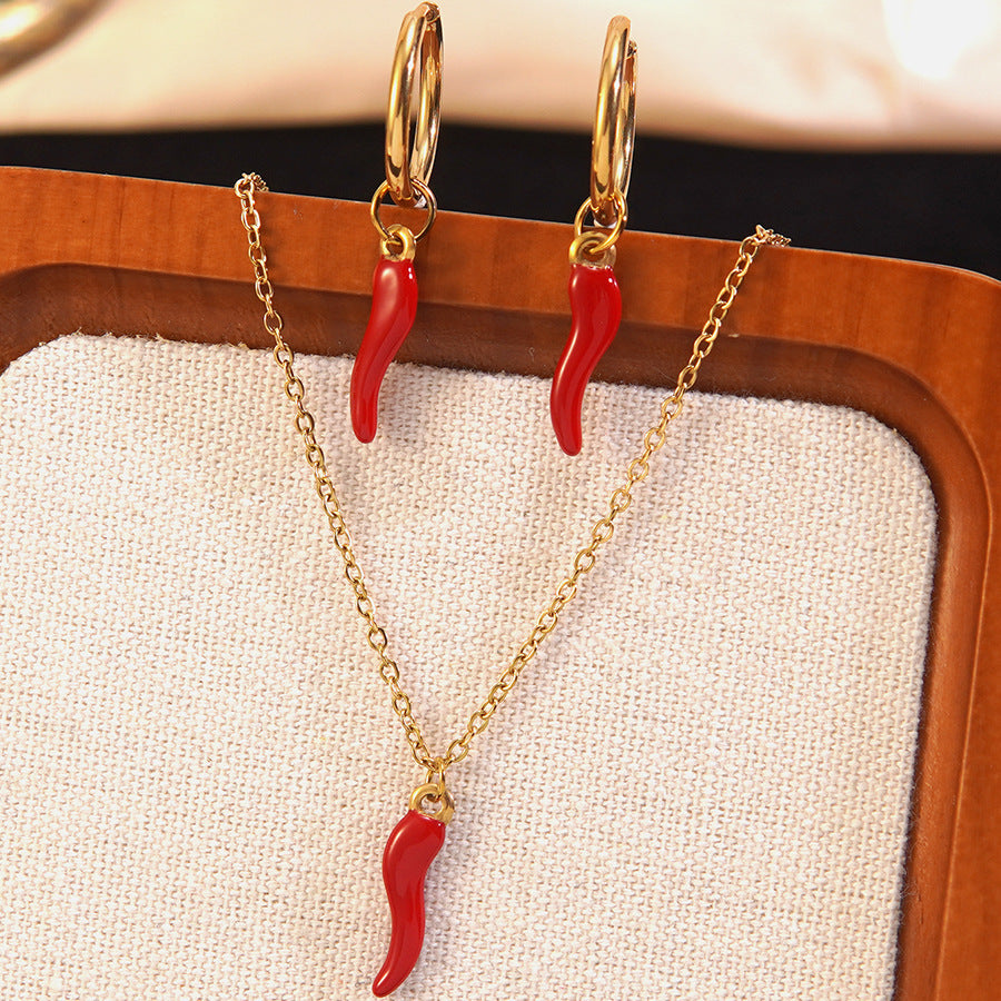 Minimalist Stainless Steel Chili Pepper Necklace and Earring Set Plated Jewelry for Women