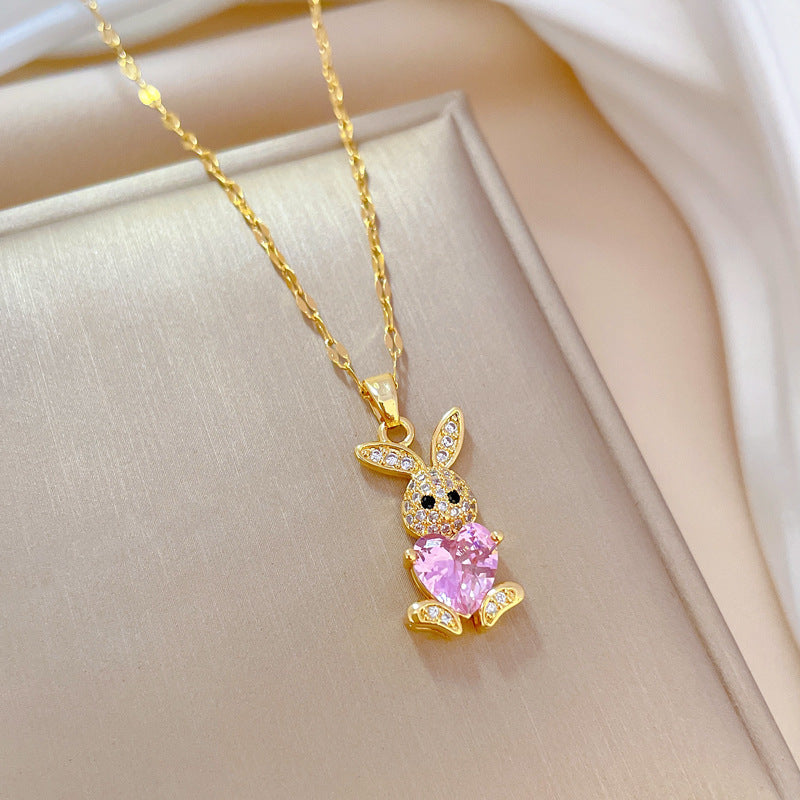 Luxury Titanium Steel Micro-Pave Rabbit Pendant Necklace and Earrings Set for Women Geometric Design Elegant Party Jewelry