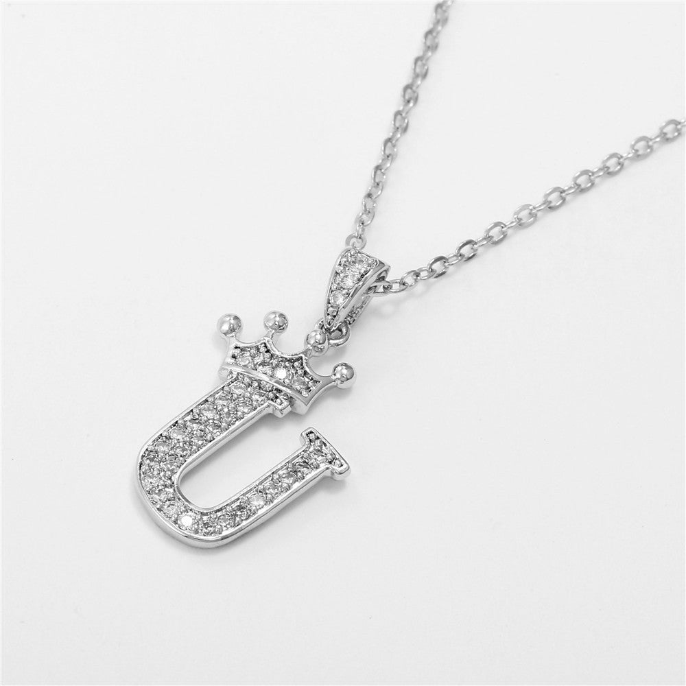 Minimalist White Gold Plated Crown Letter Pendant Necklace with Micro-Pave Cubic Zirconia for Women