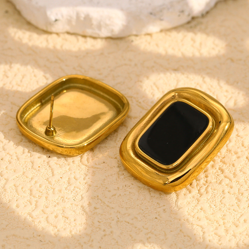 Fashionable Geometric Black Onyx Frame Stud Earrings in Stainless Steel with 18K Gold Plating for Women